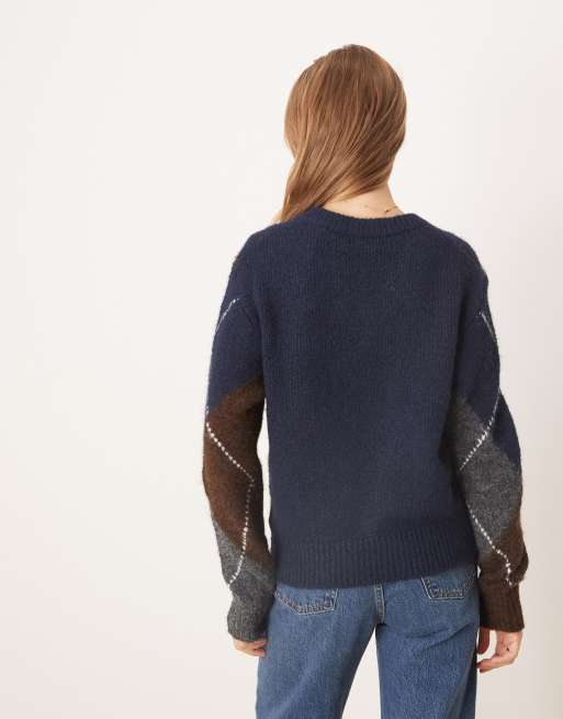 Gina Tricot argyle pattern knitted sweater in navy , 2 of 4
