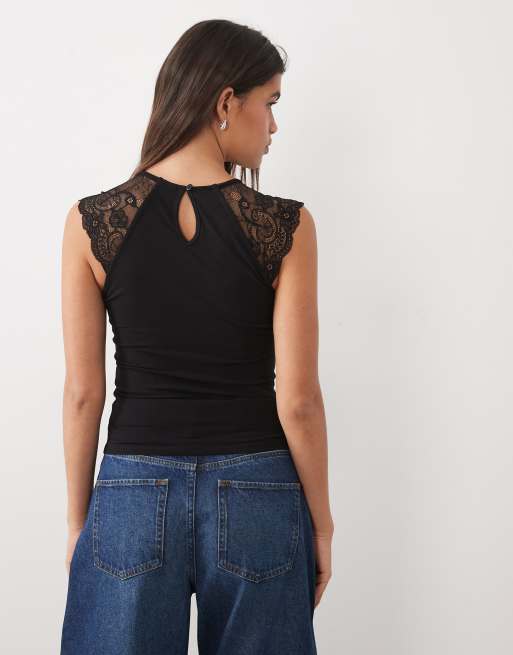 Gina Tricot ärmelloses Cut-out-Oberteil mit Spitzärmel in Schwarz, 4 von 4