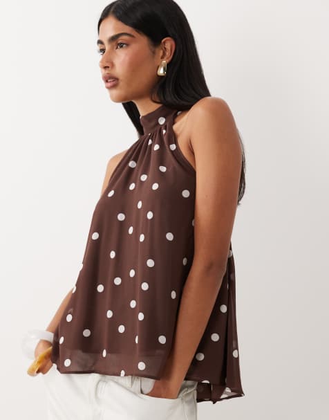 Gina Tricot – Ärmelloses Neckholder-Oberteil in Braun mit Polka Dots - view 1