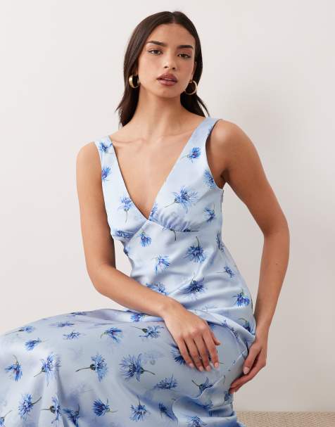 Gina Tricot – Ärmelloses Satin-Maxikleid in Blau mit Blumenmuster - view 1