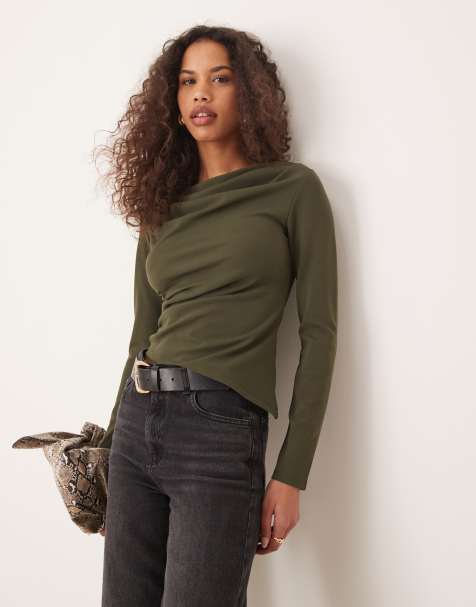 Gina Tricot – Asymetryczny top w zielonym odcieniu khaki z drapowaniem - view 1