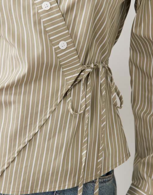 Gina Tricot asymmetric cinched waist shirt in khaki stripe, 2 of 4