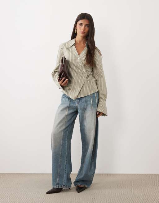 Gina Tricot asymmetric cinched waist shirt in khaki stripe, 3 of 4