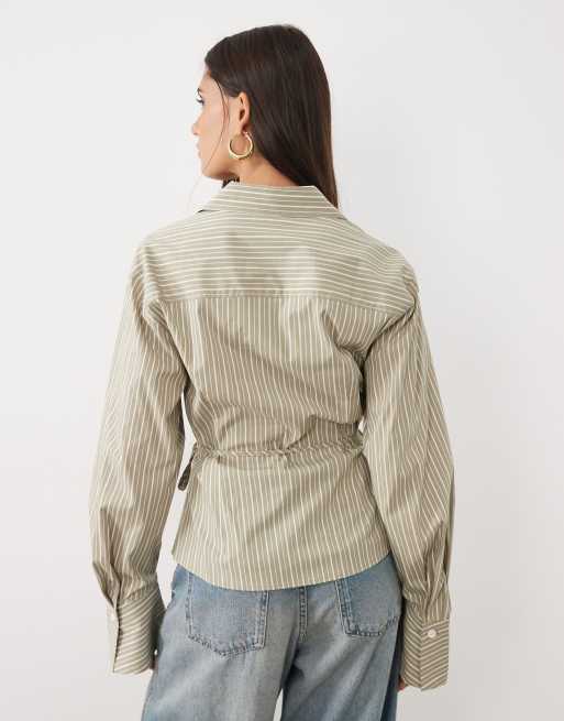 Gina Tricot asymmetric cinched waist shirt in khaki stripe, 4 of 4