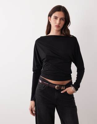 Gina Tricot Asymmetric Cinched Waist Top In Black
