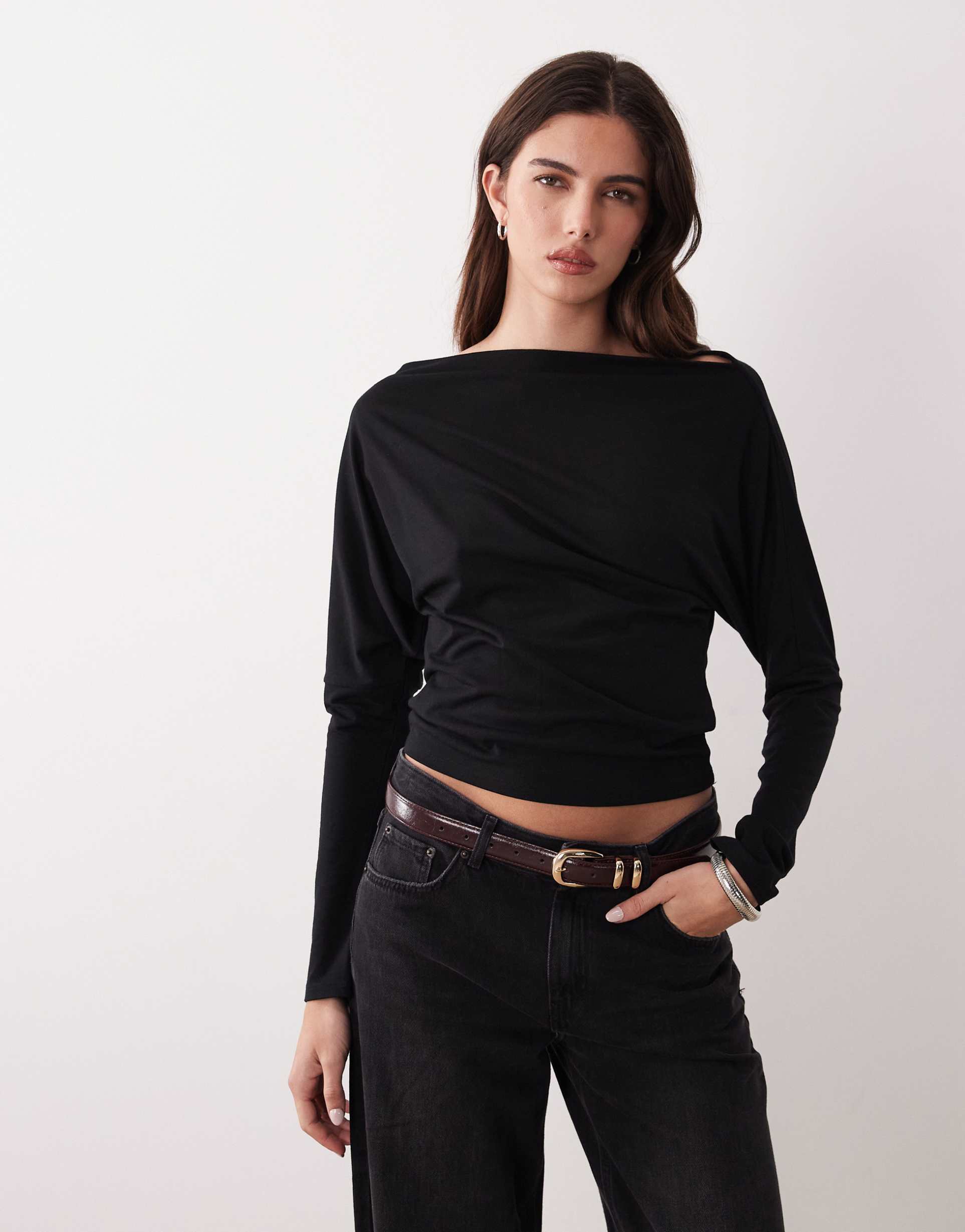 gina tricot asymmetric cinched waist top in black