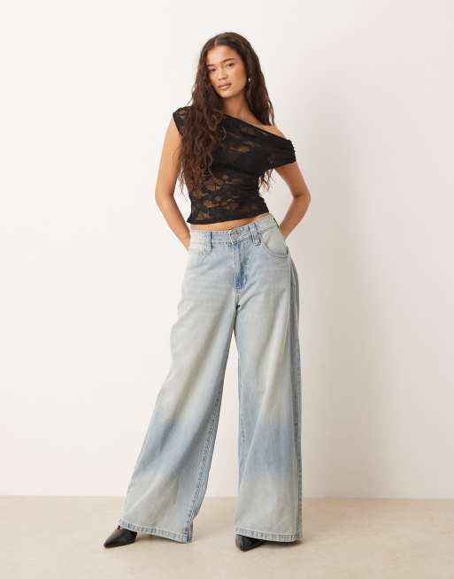 Gina Tricot asymmetric drapey fallen off the shoulder lace top in black, 2 of 4