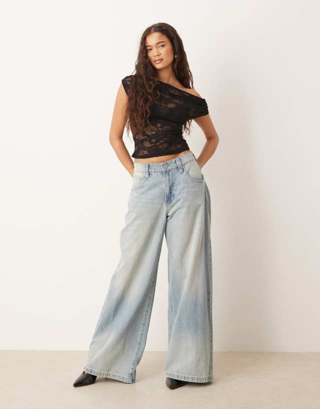 Gina Tricot asymmetric drapey fallen off the shoulder lace top in