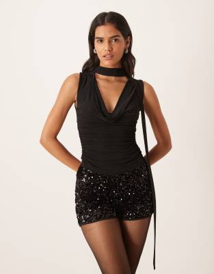 Gina Tricot Asymmetric Drapey Top In Black