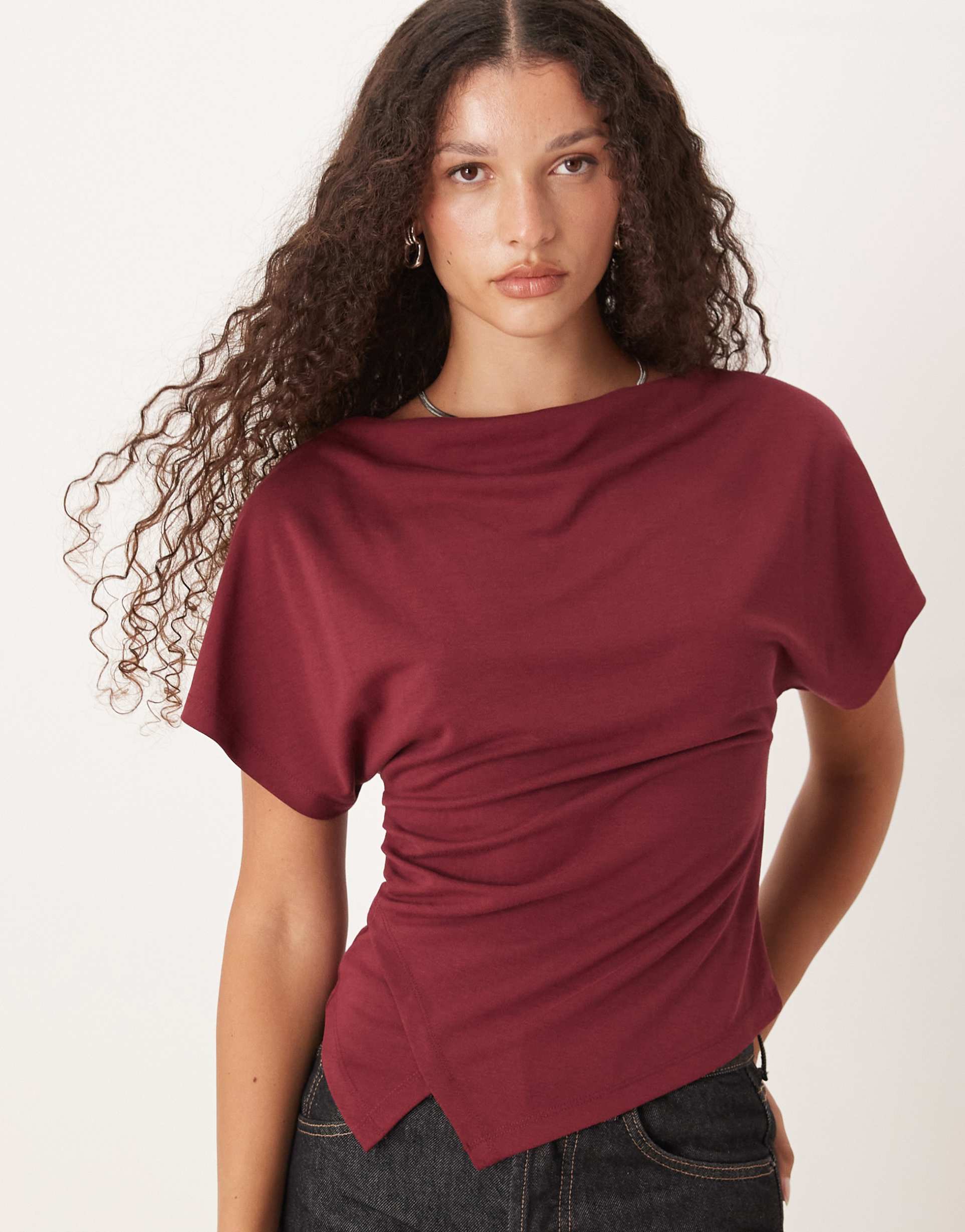 gina tricot asymmetric drapey top in burgundy