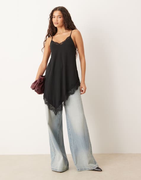 Gina Tricot asymmetric lace cami top in black - view 1