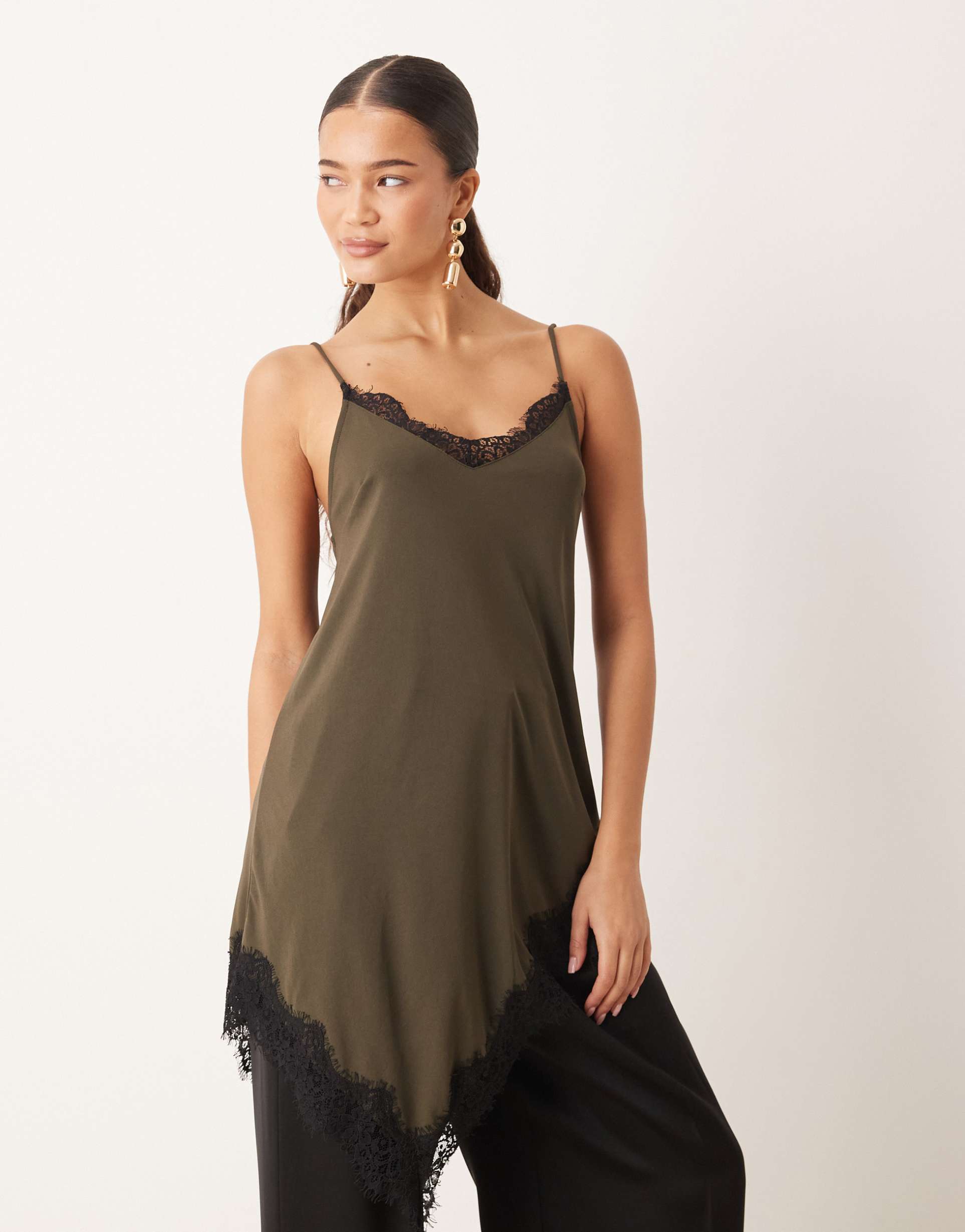 gina tricot asymmetric lace cami top in dark brown