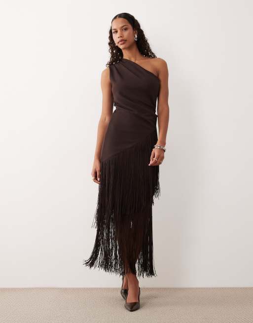 Gina Tricot asymmetric longline fringe set in chocolate brown