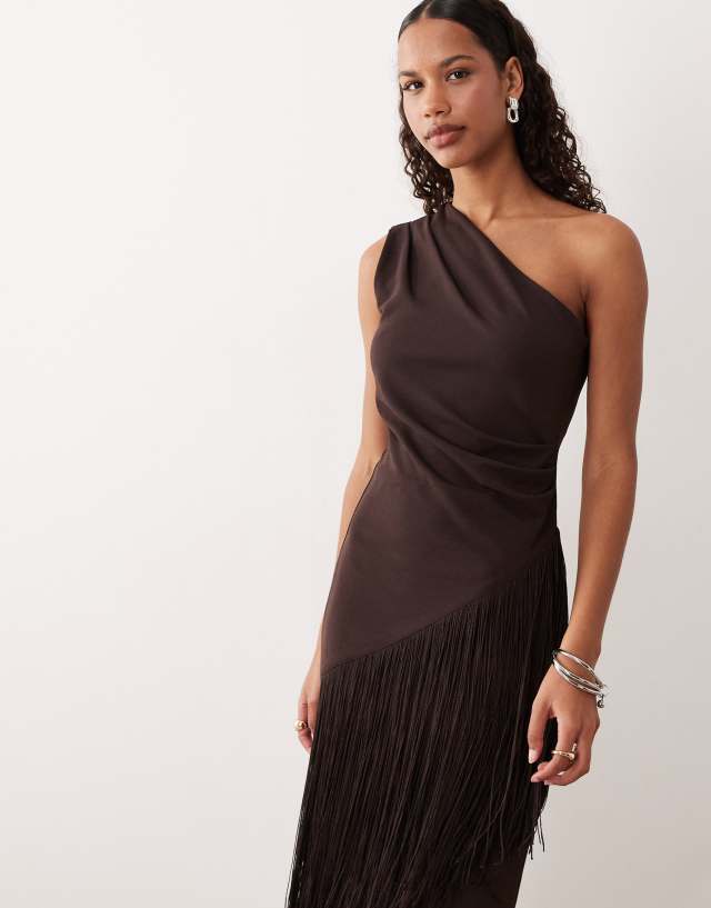 Gina Tricot asymmetric longline fringe top in chocolate brown