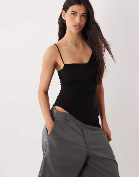 Gina Tricot asymmetric ruched singlet top in black 