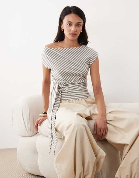 Gina Tricot asymmetric shoulder top with tie waist detail in light yellow stripe - view 1