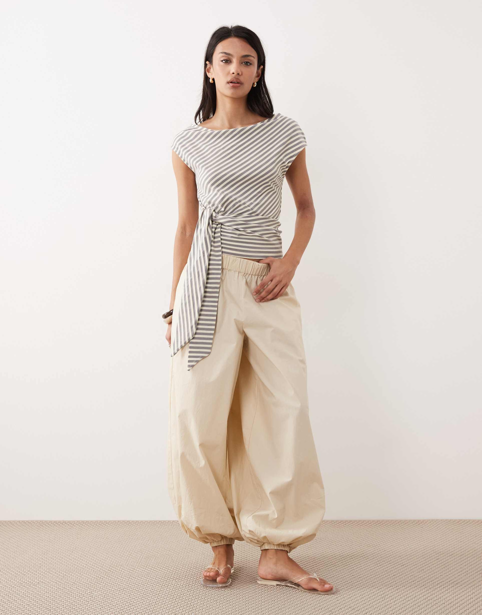 gina tricot asymmetric shoulder top with tie waist detail in light yellow stripe