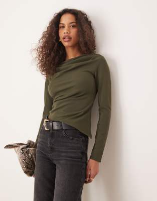 asymmetric top with drape detail in khaki green