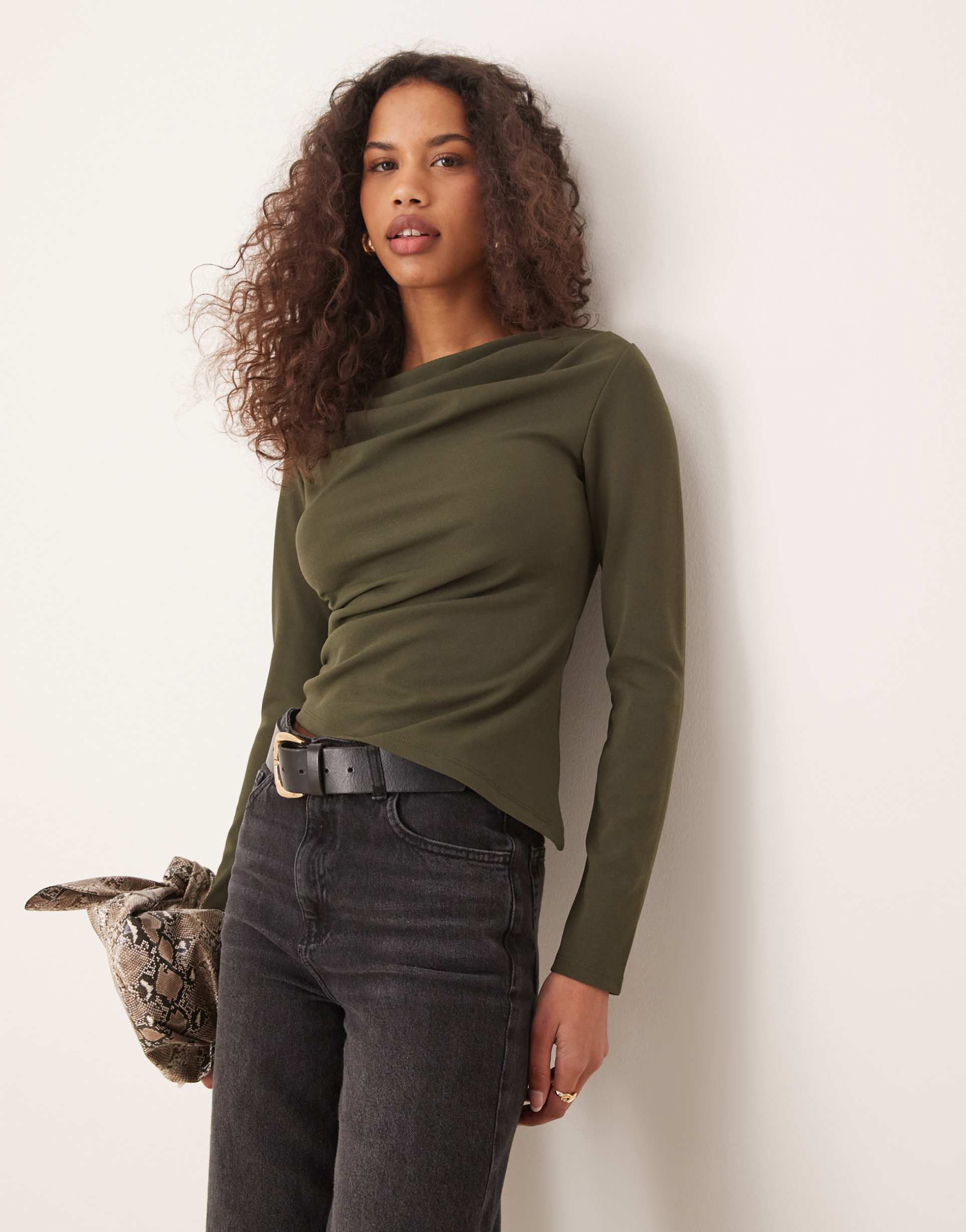 gina tricot asymmetric top with drape detail in khaki green