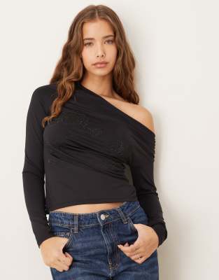 Gina Tricot Asymmetric Top With Rhinestone Flower Detail In Black