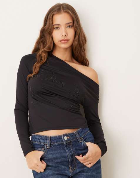 Gina Tricot asymmetric top with rhinestone flower detailing in black - view 1