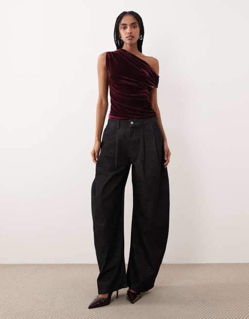 Gina Tricot asymmetric velvet top in wine, 2 of 4