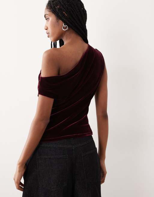 Gina Tricot asymmetric velvet top in wine, 3 of 4