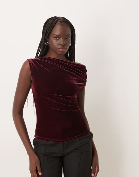 Gina Tricot - Asymmetrische fluwelen top in wijnrood - view 1