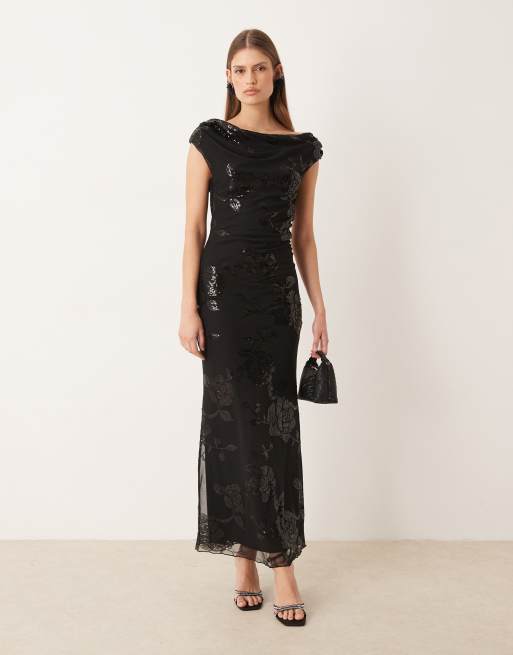 Gina Tricot - Asymmetrische maxi jurk met lovertjes en blote schouder in zwart