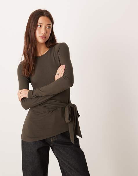 Gina Tricot - Asymmetrische top met lange mouwen en strikdetail in kaki - view 1