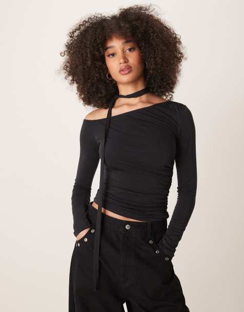 Gina Tricot – Asymmetrisches Oberteil aus Jersey in Schwarz mit Schnürung - view 1