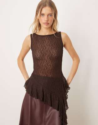 Gina Tricot - Asymmetrisches Oberteil aus Spitze in Braun-Brown