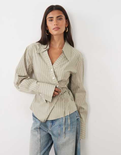Gina Tricot asymmetrisk skjorta med markerad midja i khakirand - view 1