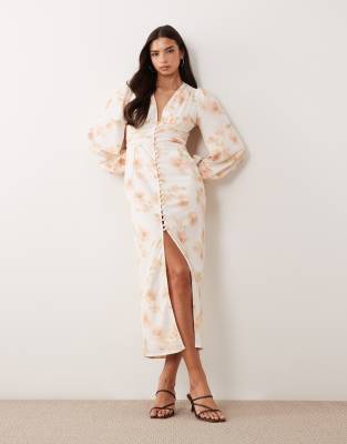Gina Tricot Balloon Long Sleeve Satin Button Front Midi Dress With Front Split In White