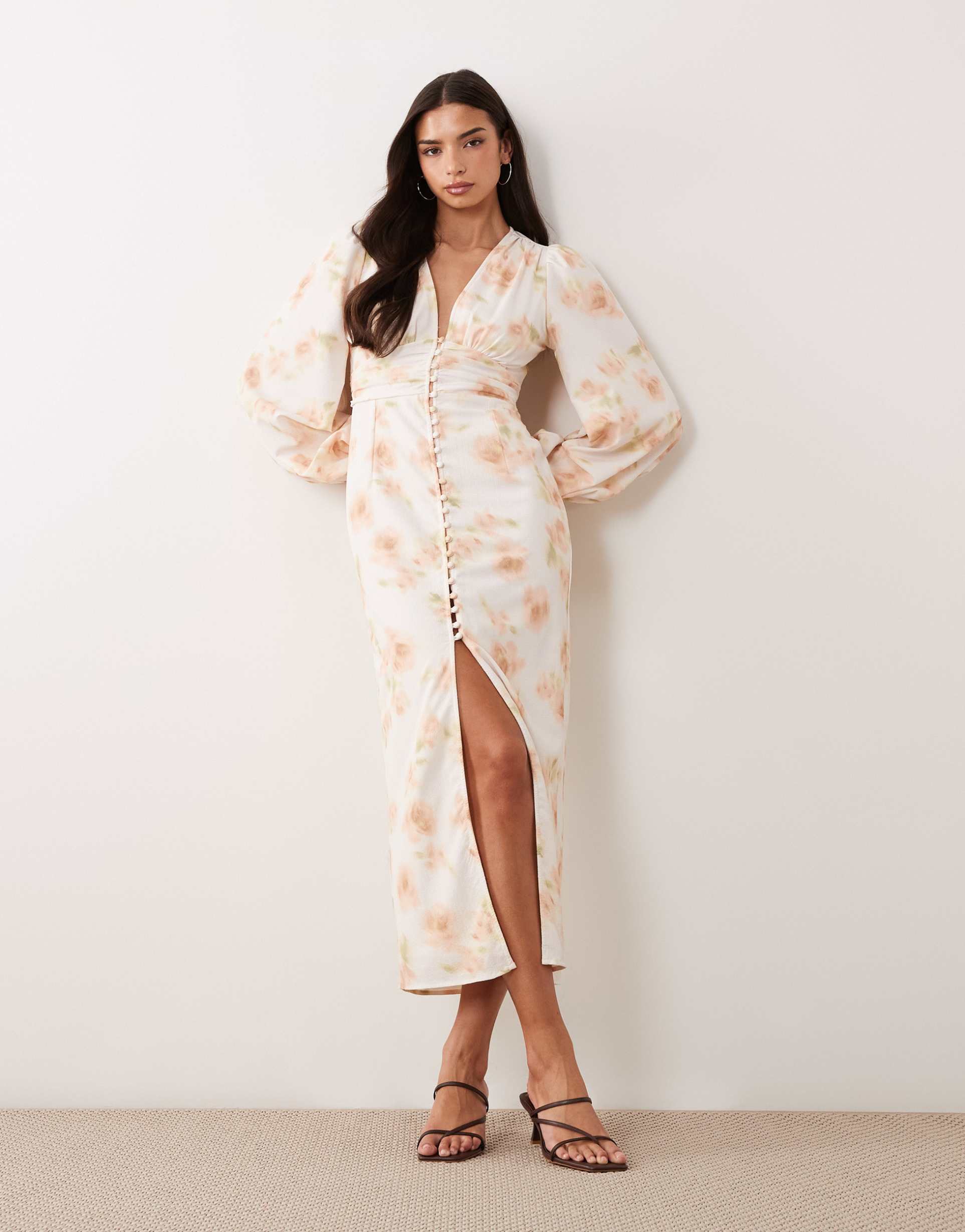 gina tricot balloon long sleeve satin button front midi dress with front split in white with light pink floral print
