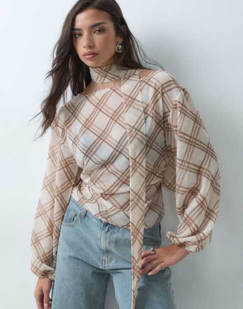 Gina Tricot balloon sleeve boat neck blouse in beige check