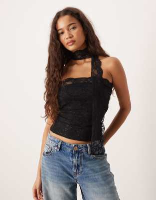 Gina Tricot Bandeau Lace Scarf Top In Black