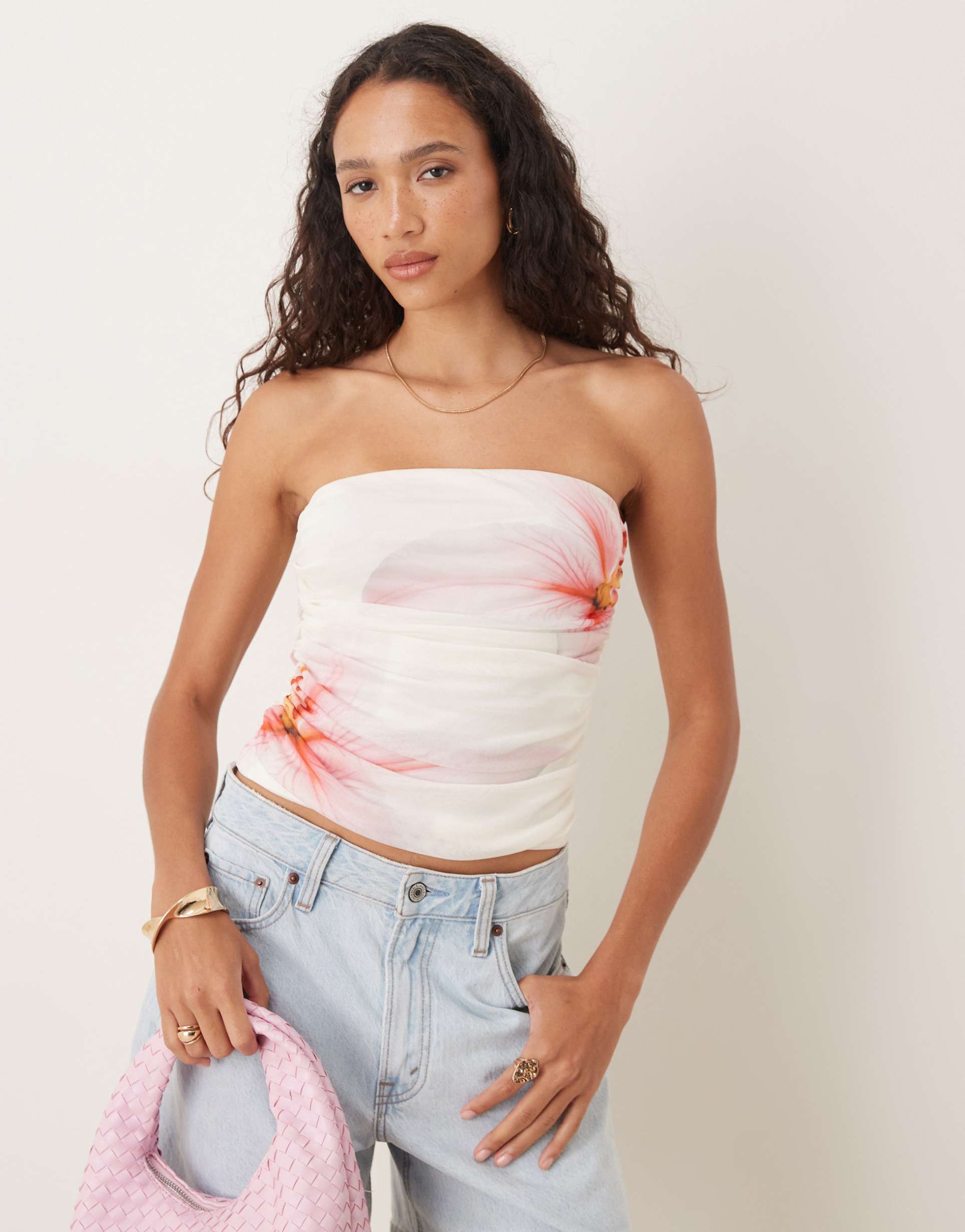 gina tricot bandeau mesh tube top in white and pink flower print