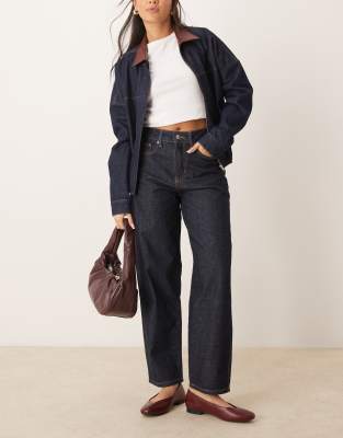 barrel leg jeans in clean indigo blue rinse wash