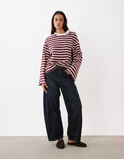 Gina Tricot basic langærmet T-shirt med bordeaux stribe i bomuld, 3 af 4