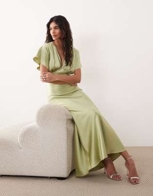 Gina Tricot batwing plunge satin maxi dress in green