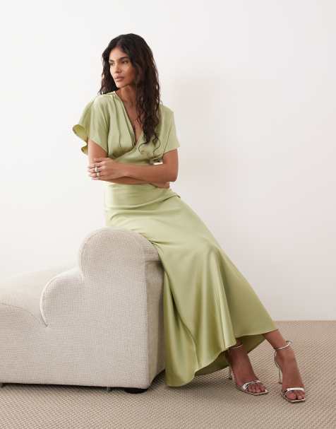 Gina Tricot batwing plunge satin maxi dress in green - view 1