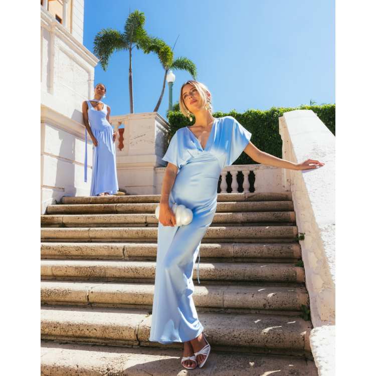 Gina Tricot batwing plunge satin maxi dress in light blue