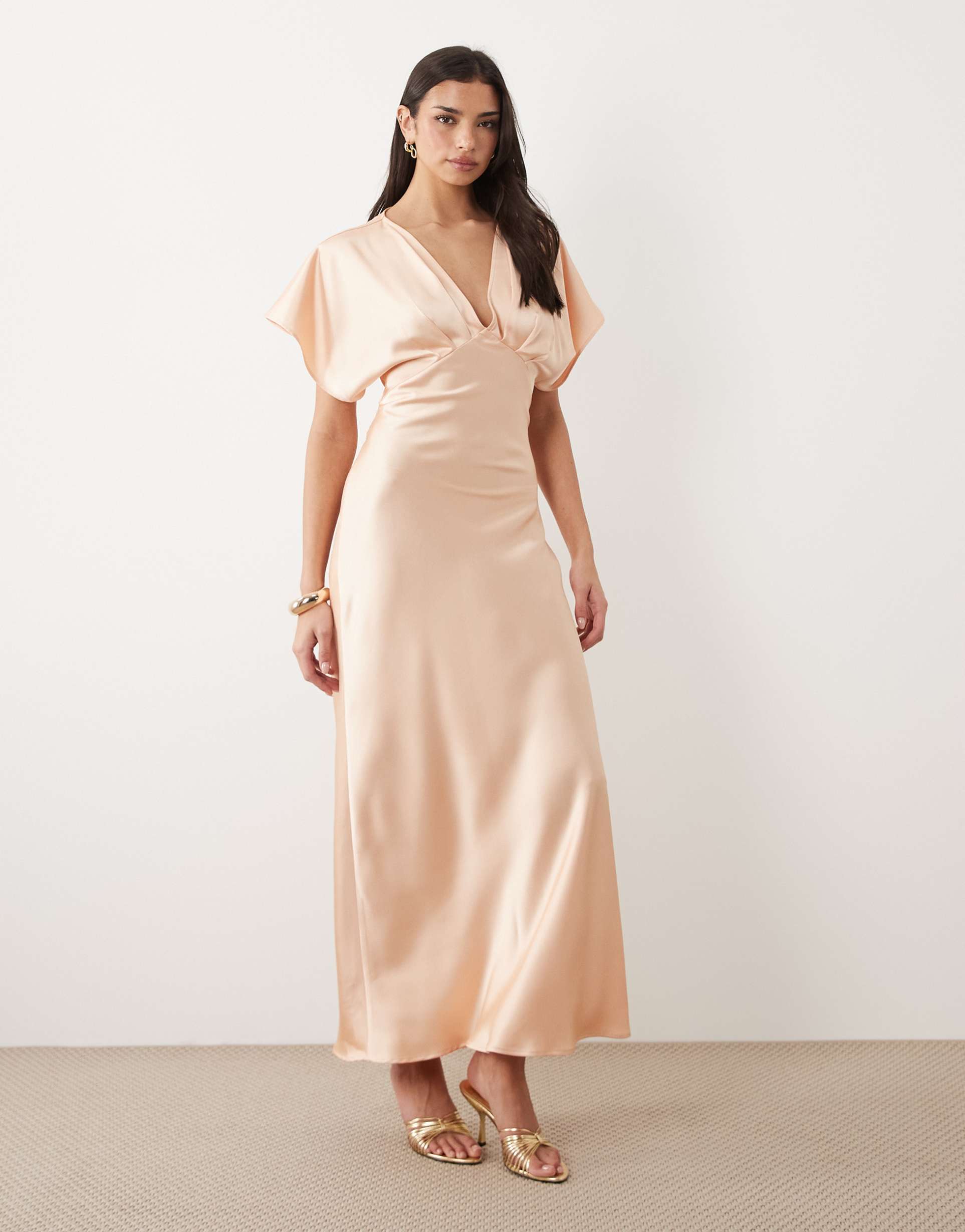 gina tricot batwing plunge satin maxi dress in peach