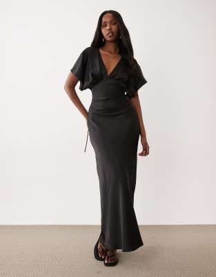 Gina Tricot batwing sleeves plunge neck satin maxi dress in black