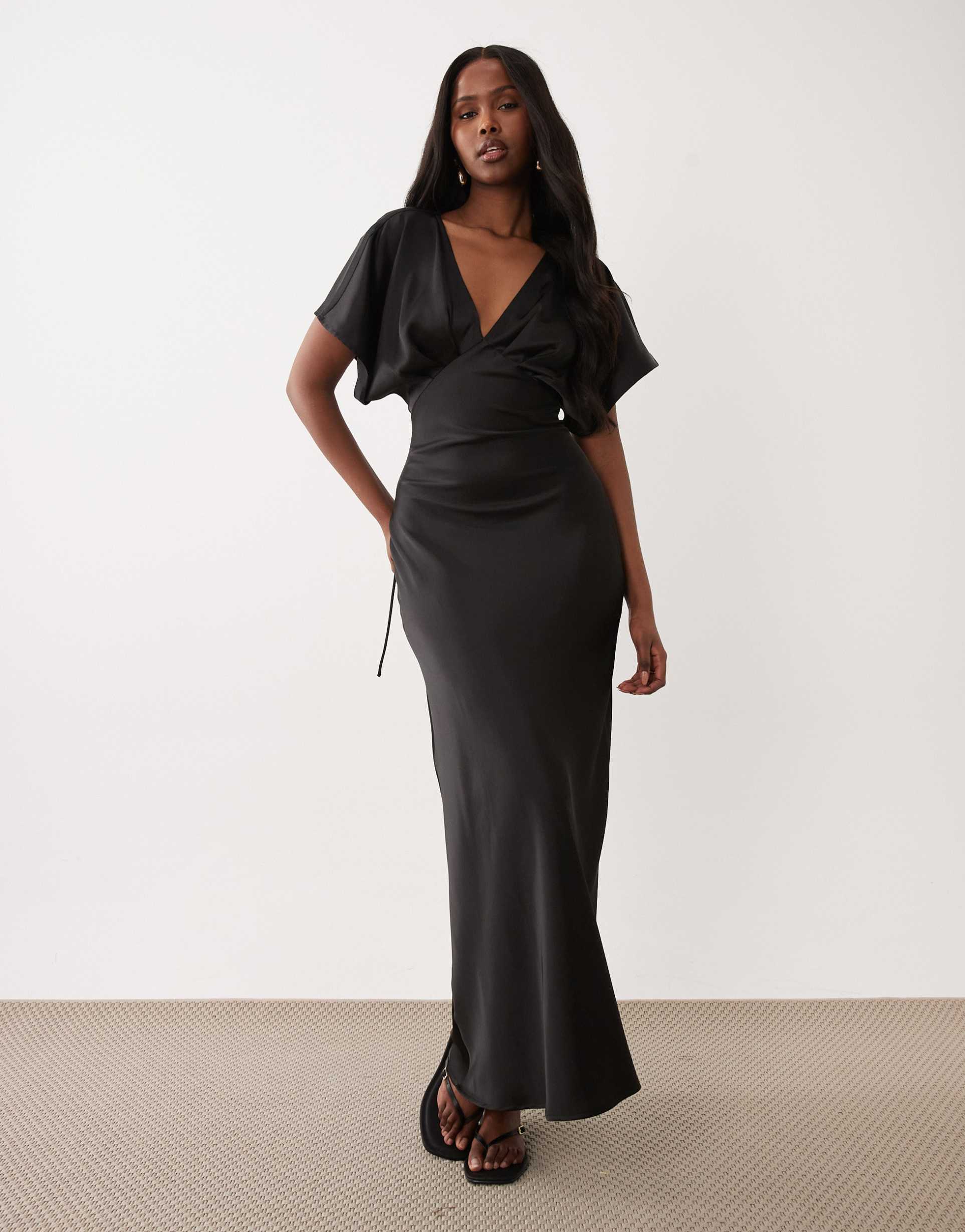 gina tricot batwing sleeves plunge neck satin maxi dress in black