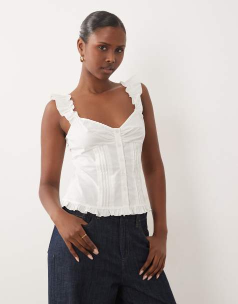 Gina Tricot Baumwollmix-Corsagenbluse ohne Ärmel in Weiß - view 1