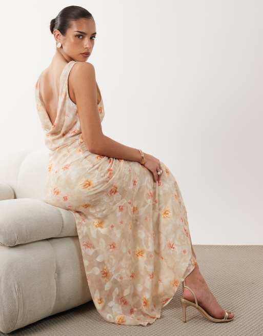 Gina Tricot – Beige, blommig midiklänning med drapering baktill, 3 av 4