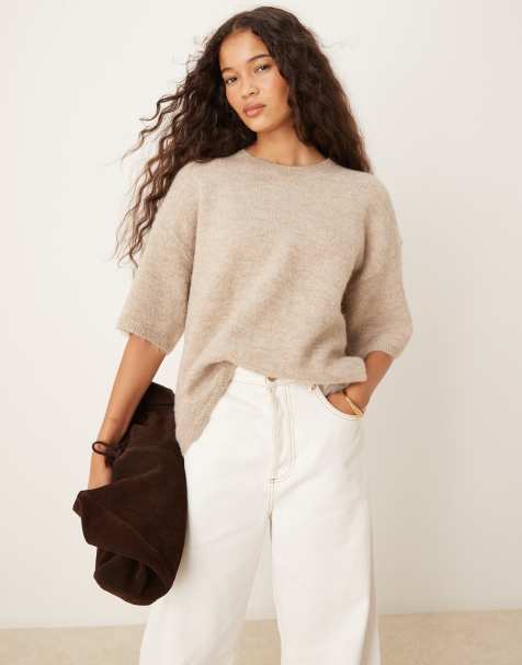 Gina Tricot – Beige, stickad topp i alpacka- och yllemix med avslappnad passform och korta ärmar - view 1