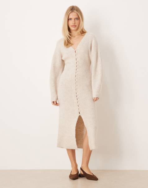 Gina Tricot – Beigemelerad, stickad midiklänning med långa ärmar - view 1